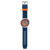 Armbanduhr mit blauem Silikonarmband, orangefarbenem Zifferblatt und orangefarbenem Akzent