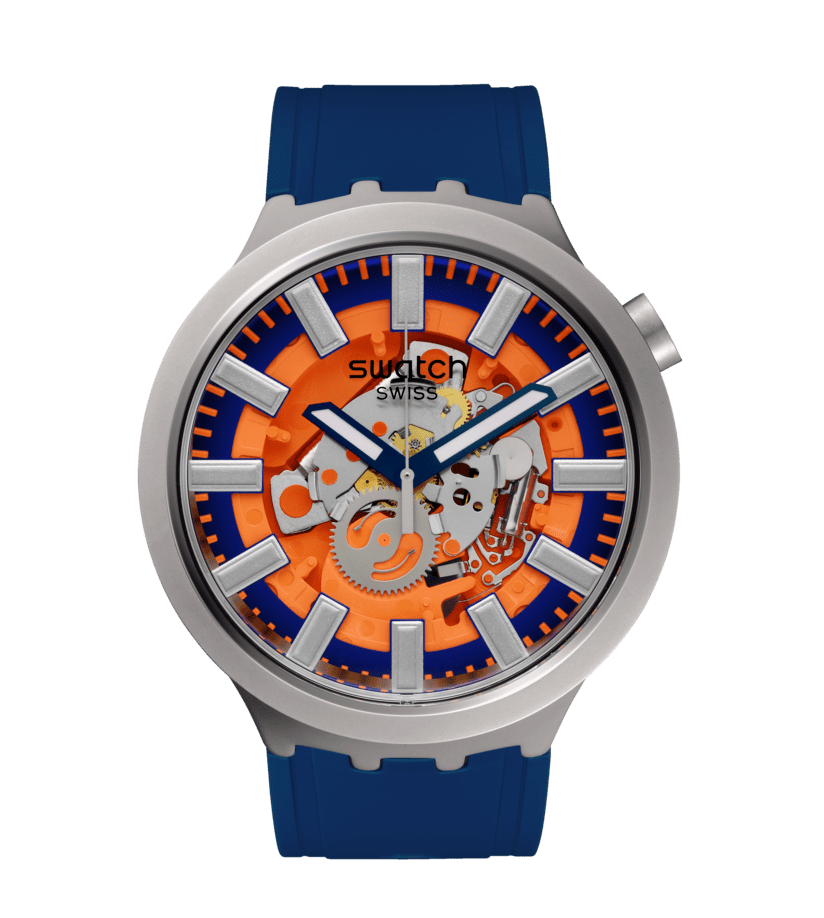 Armbanduhr mit blauem Silikonarmband und orangefarbenem Zifferblatt, Edelstahlgehäuse