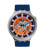 Armbanduhr mit blauem Silikonarmband und orangefarbenem Zifferblatt, Edelstahlgehäuse