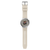 Swatch-Uhr mit beigem Textilarmband, rundem grauen Gehäuse und schwarzem Zifferblatt