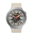 Runde Swatch-Uhr mit grauem Edelstahlgehäuse, beigem Textilarmband und schwarzem Zifferblatt