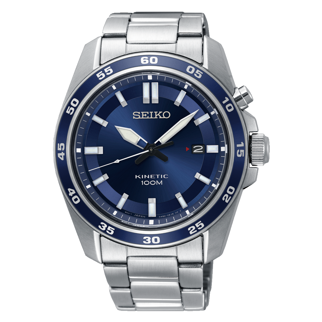 Bracelet de montre pour homme en acier inoxydable argenté, cadran bleu et guichet date
