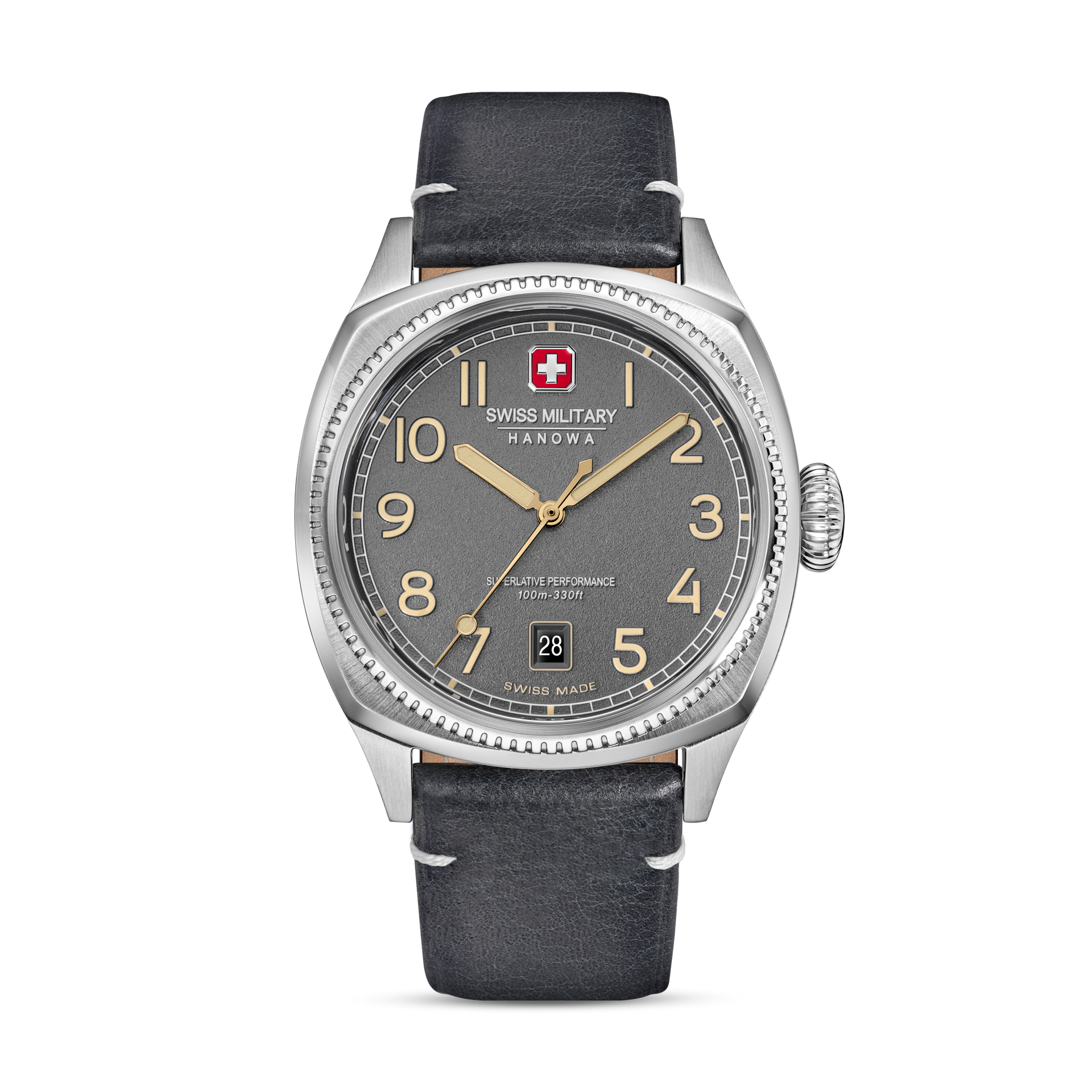 Swiss Military Hanowa Herrenarmbanduhr mit dunkelgrauem Lederband, rundem Gehäuse, Datum