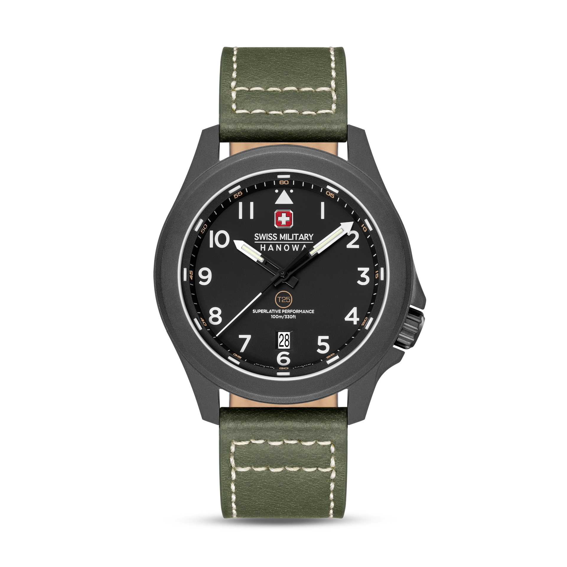 Swiss Military Hanowa Fieldmaster Herren-Armbanduhr mit schwarzem Gehäuse und grünem Armband