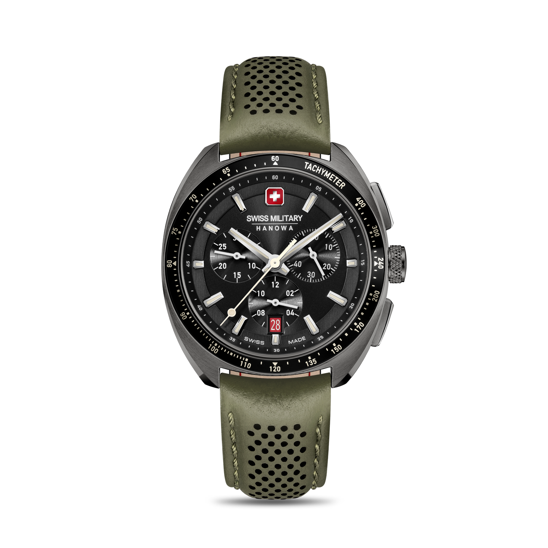 Herren-Chronograph mit schwarzem Zifferblatt und olivgrünem perforiertem Lederarmband