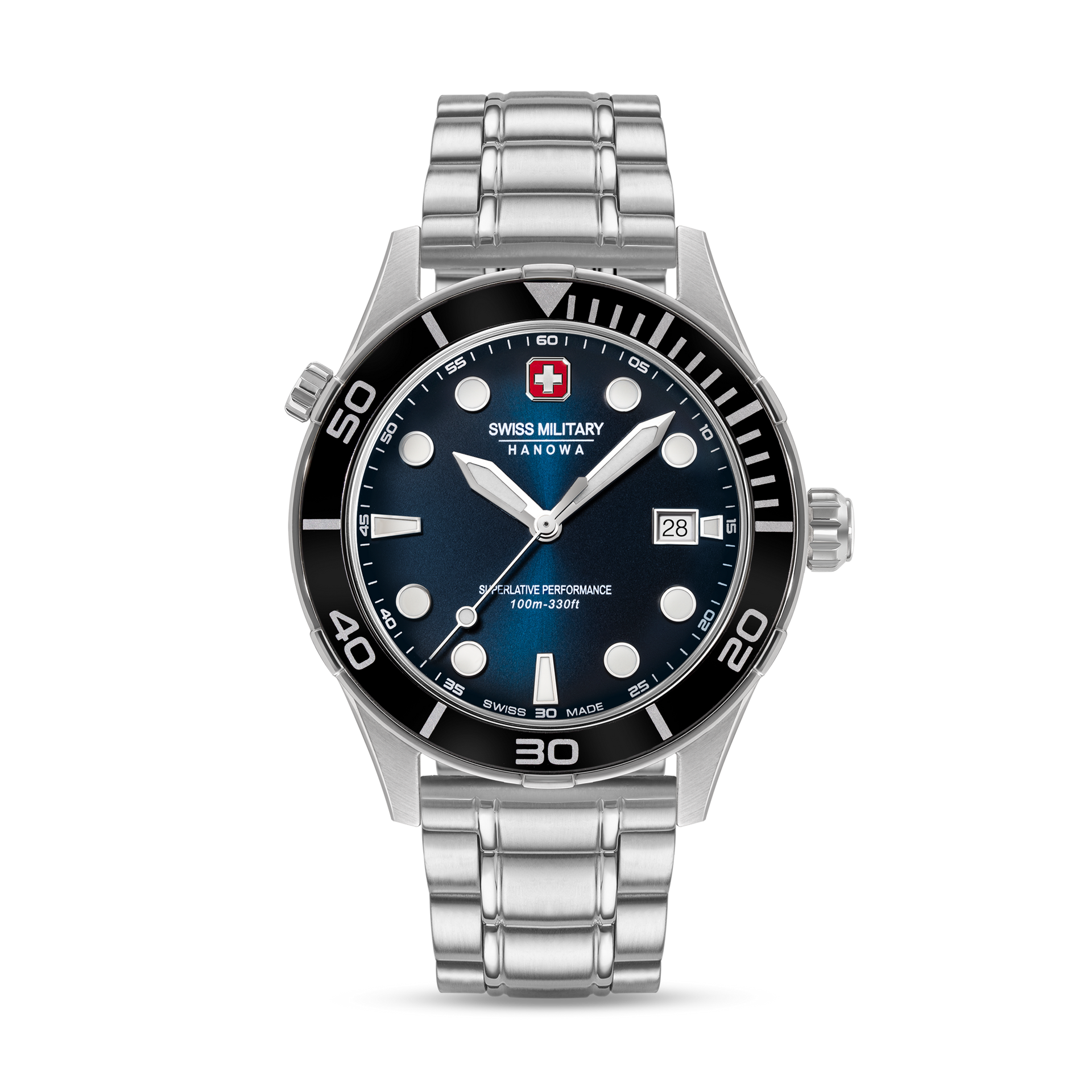 Herrenuhr mit dunkelblauem Zifferblatt, Datumsanzeige und Edelstahlarmband