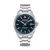 Herrenarmbanduhr mit silbernem Metallband, blauem Zifferblatt und Datumsfenster.