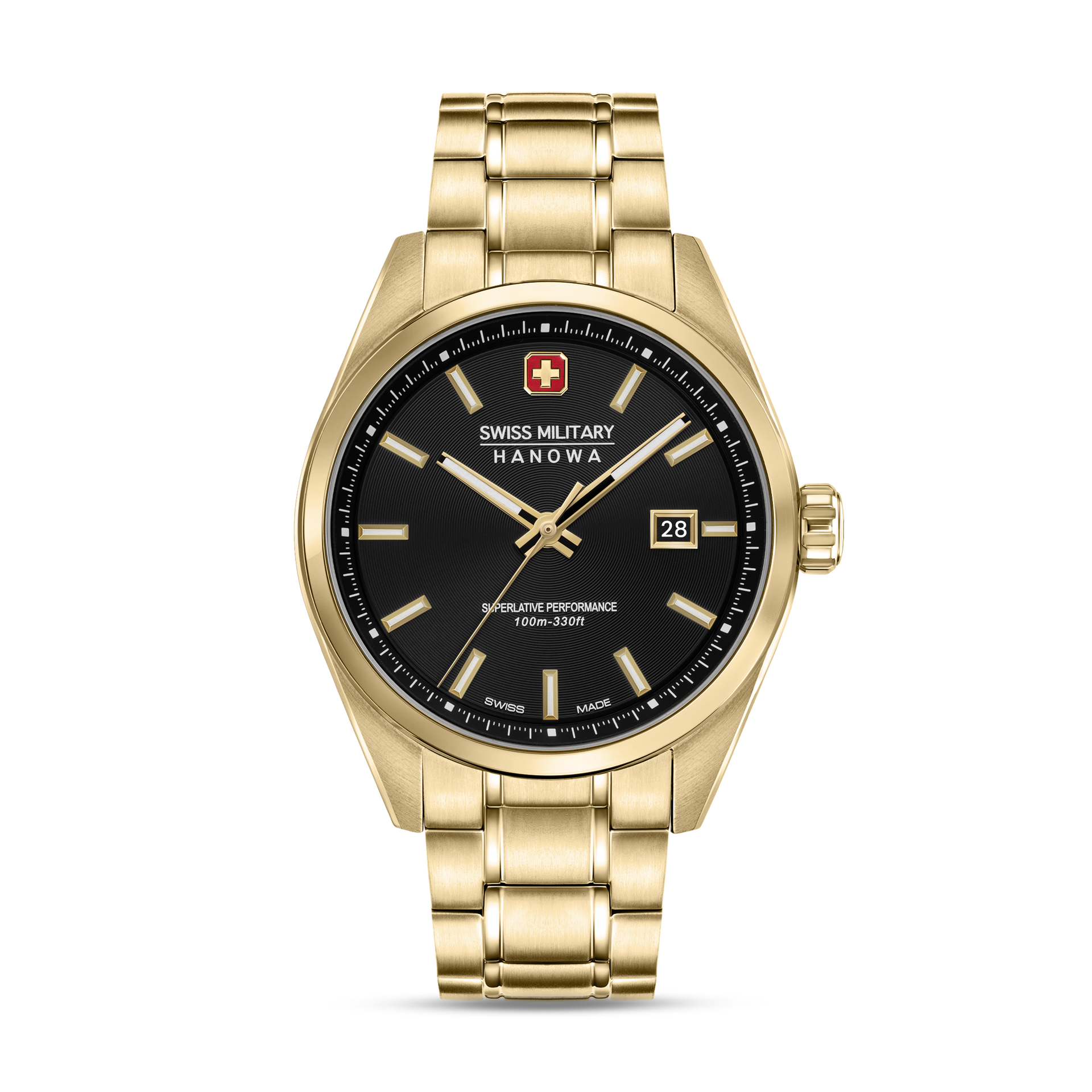 Herrenarmbanduhr mit goldfarbenem Metallband, schwarzem Zifferblatt und Datumsanzeige.