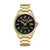 Herrenarmbanduhr mit goldfarbenem Metallband, schwarzem Zifferblatt und Datumsanzeige.