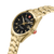 Herrenarmbanduhr mit goldfarbenem Gehäuse und Metallband, schwarzes Zifferblatt, Krone.