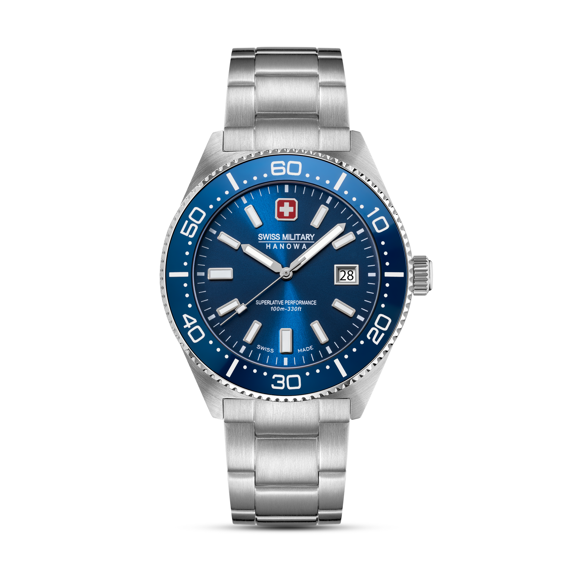 Herrenarmbanduhr mit blauem Zifferblatt, Metallarmband und Datumsanzeige bei 3 Uhr