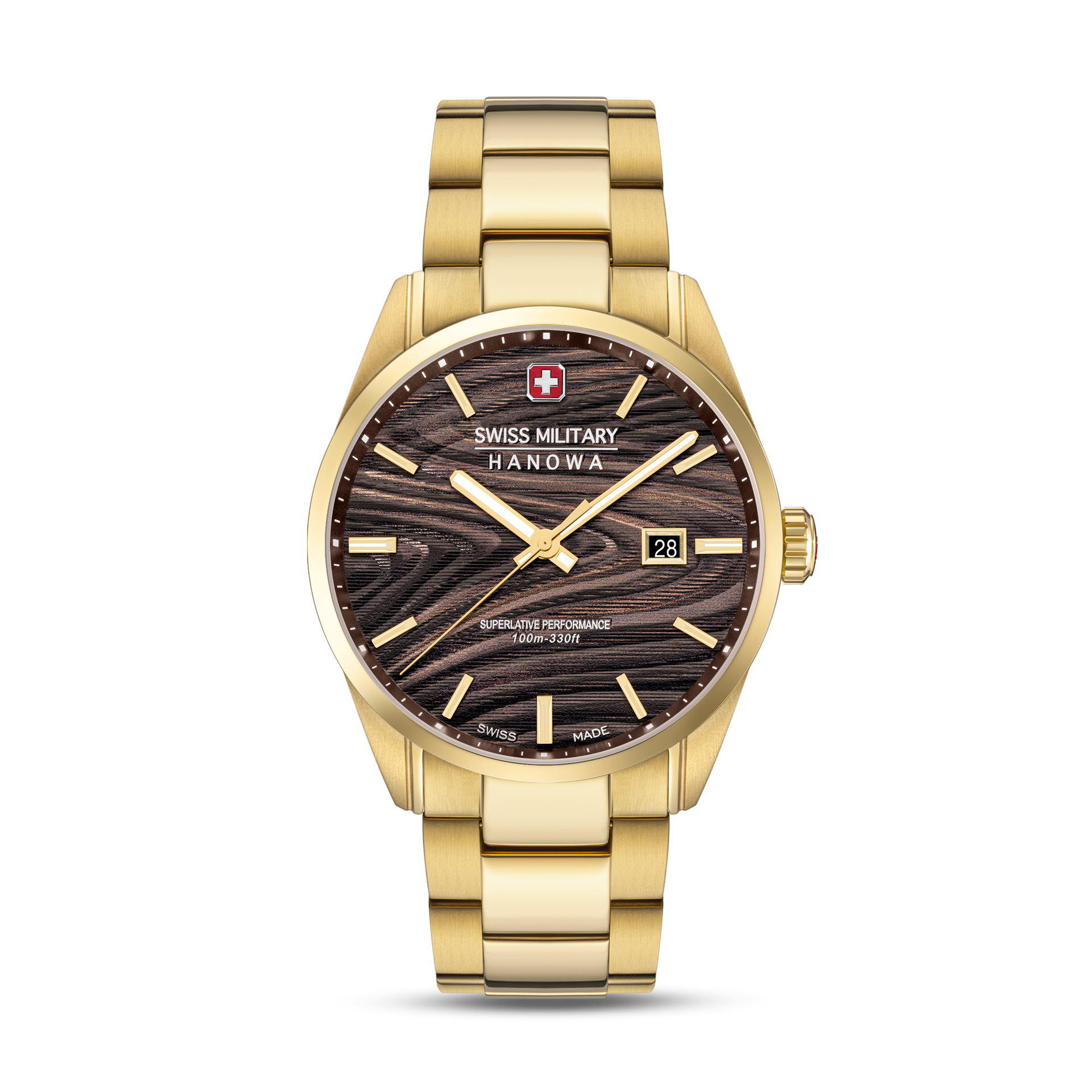 Herrenarmbanduhr mit goldfarbenem Metallband, dunklem Zifferblatt und Datumsanzeige 28
