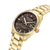 Herrenarmbanduhr goldfarben mit dunkel schimmerndem Zifferblatt, Zeigern und Datum 28
