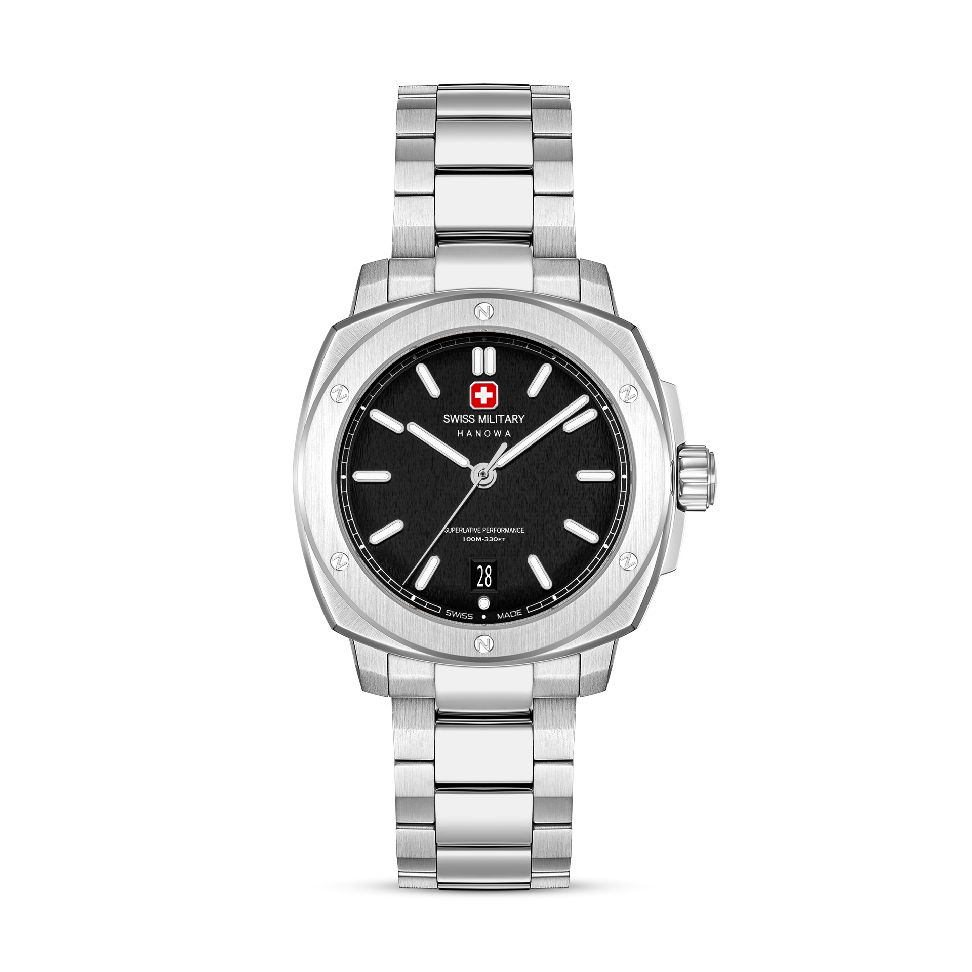 Herrenarmbanduhr mit silberfarbenem Metallband, schwarzem Zifferblatt und Datumsanzeige „28“