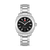 Herrenarmbanduhr mit silberfarbenem Metallband, schwarzem Zifferblatt und Datumsanzeige „28“