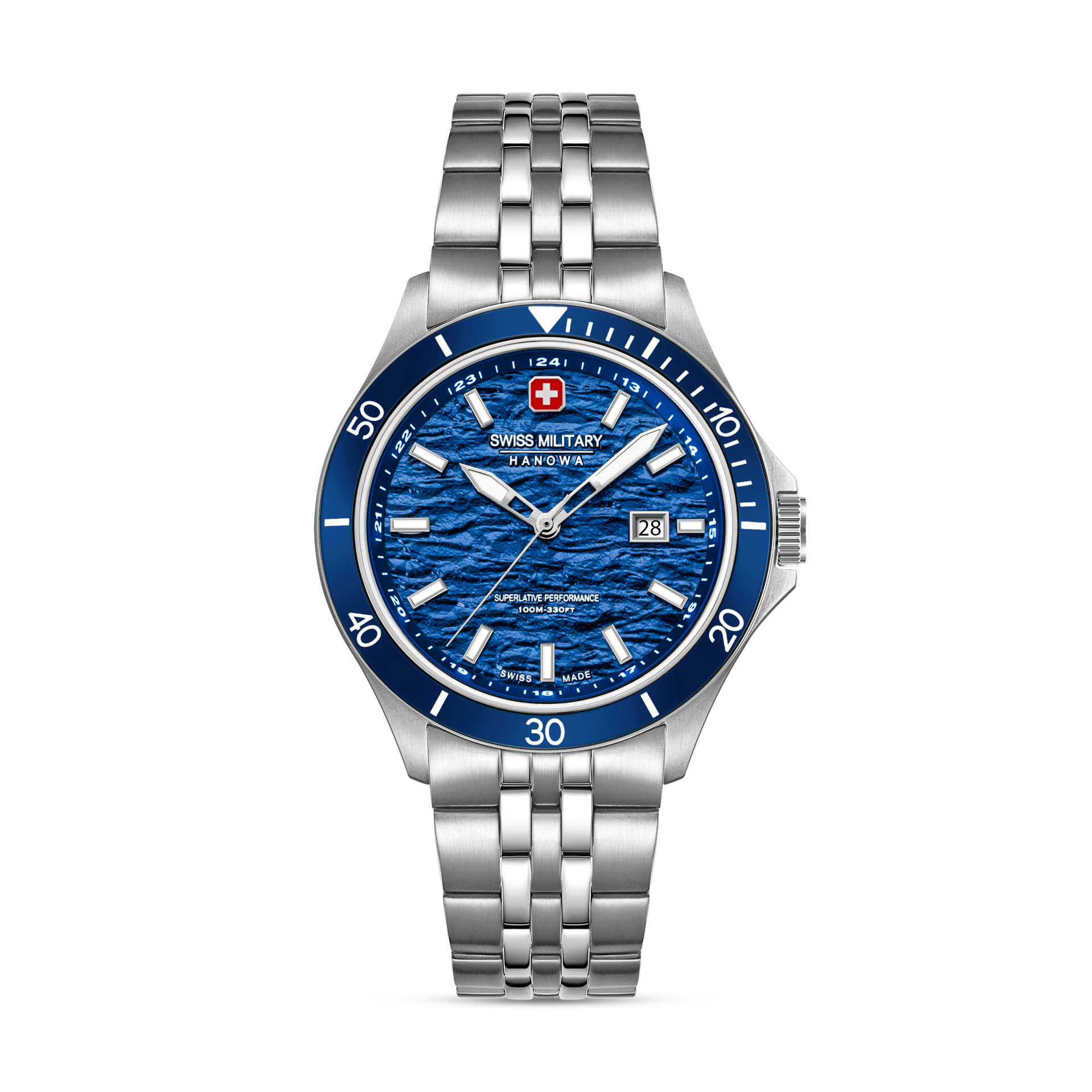 Herren-Armbanduhr mit blauem Zifferblatt, Datumsfenster und Edelstahlarmband.