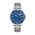 Herren-Armbanduhr mit blauem Zifferblatt, Datumsfenster und Edelstahlarmband.