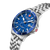 Herren-Armbanduhr mit blauem Zifferblatt, Edelstahlarmband und sichtbarer Krone.