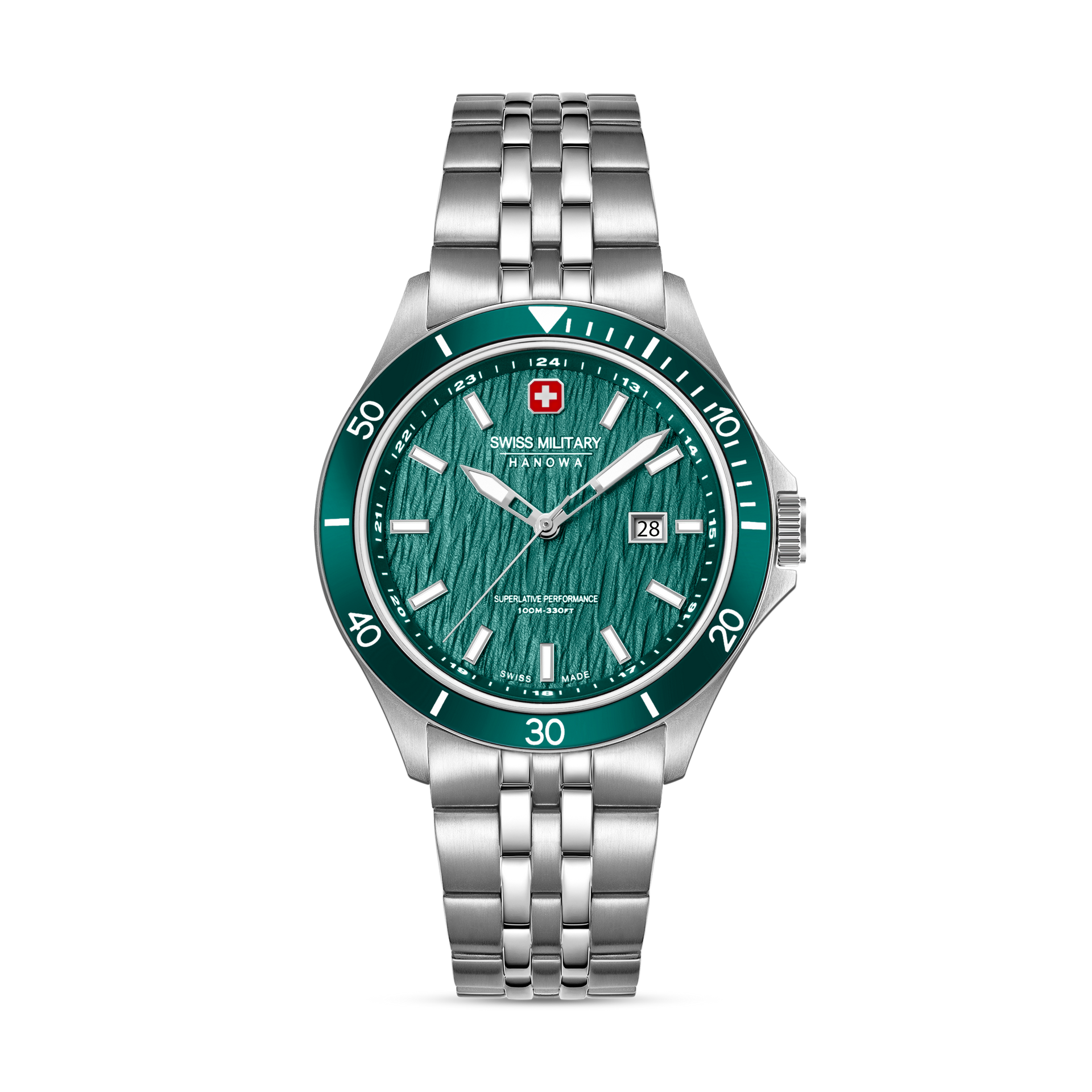 Swiss Military Hanowa Herrenuhr mit grünem Zifferblatt, Metallarmband und Leuchtzeigern.