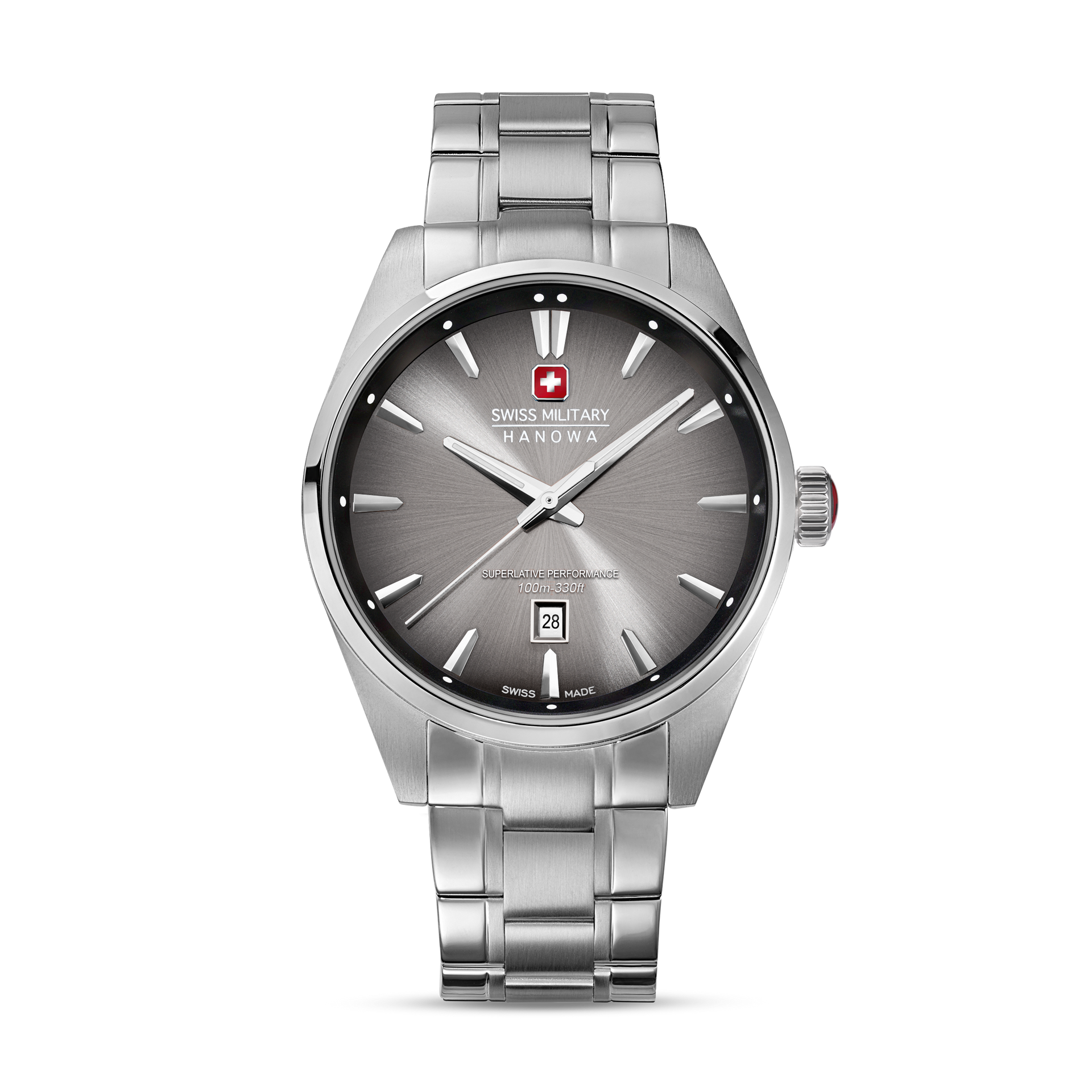 Swiss Military Hanowa Herrenuhr mit grau-schwarzem Zifferblatt und Edelstahlarmband.