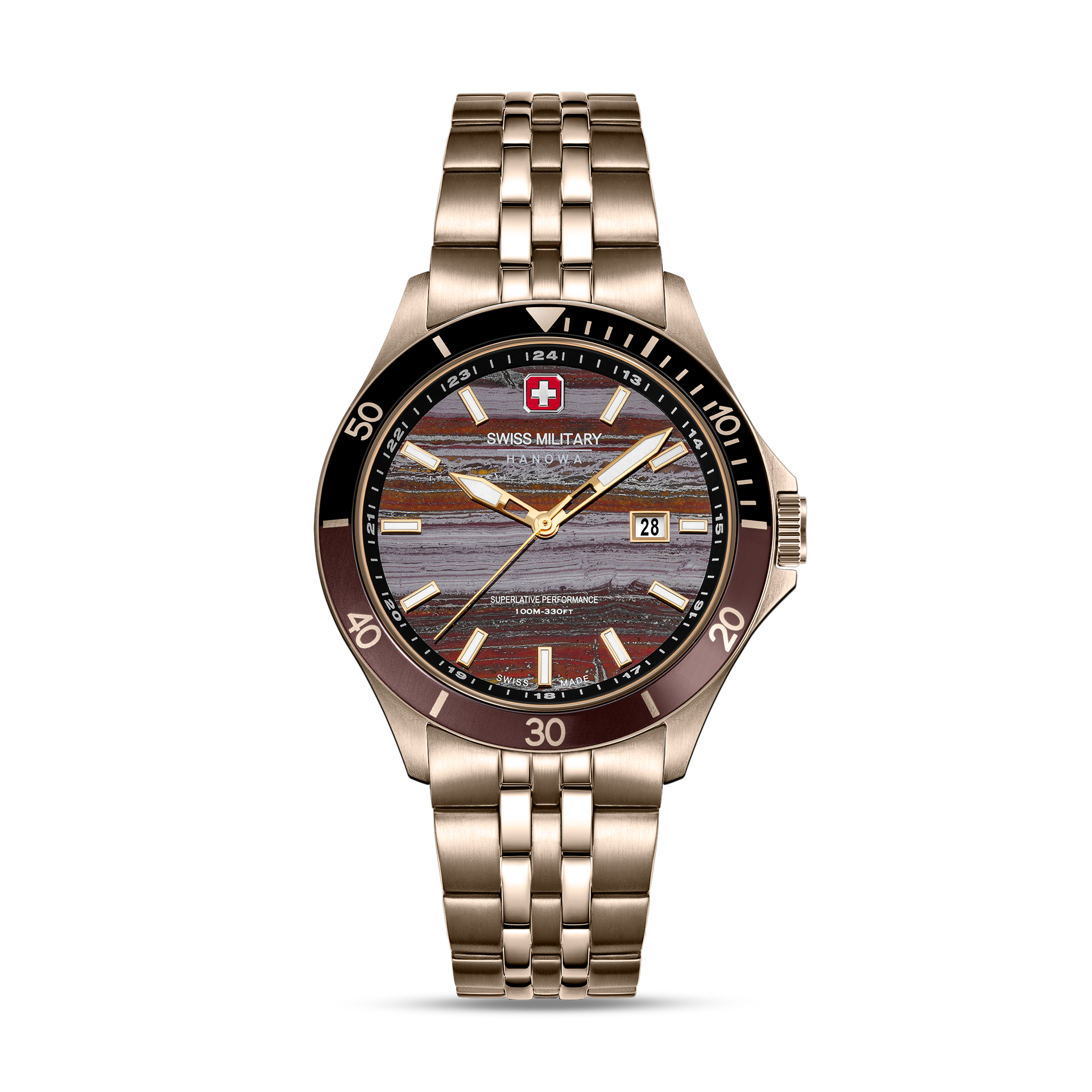 Herrenarmbanduhr mit beigem Metallarmband, rundes Zifferblatt mit goldenen Indexen