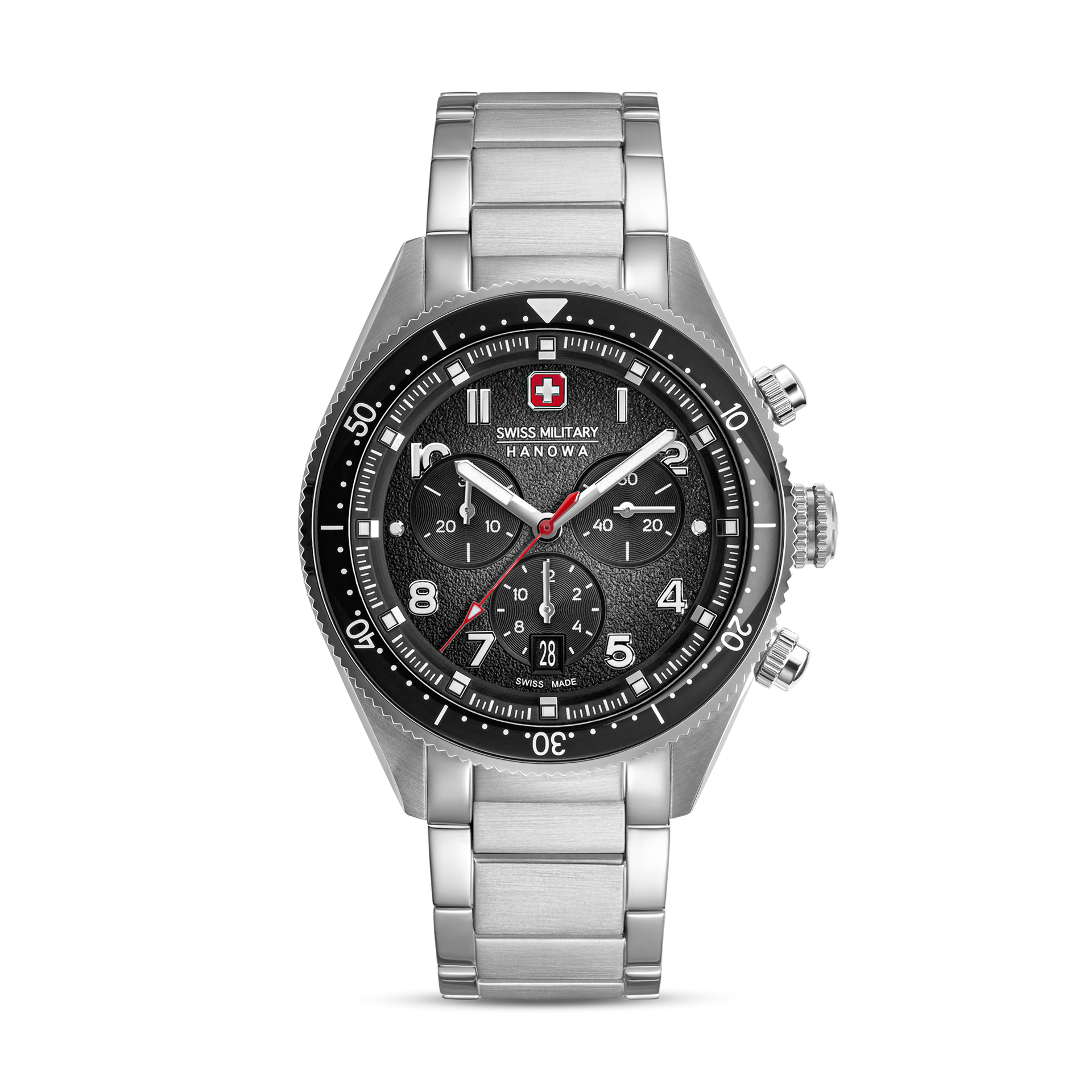 Swiss Military Hanowa Herren-Chronograph mit schwarzem Zifferblatt und Edelstahlarmband