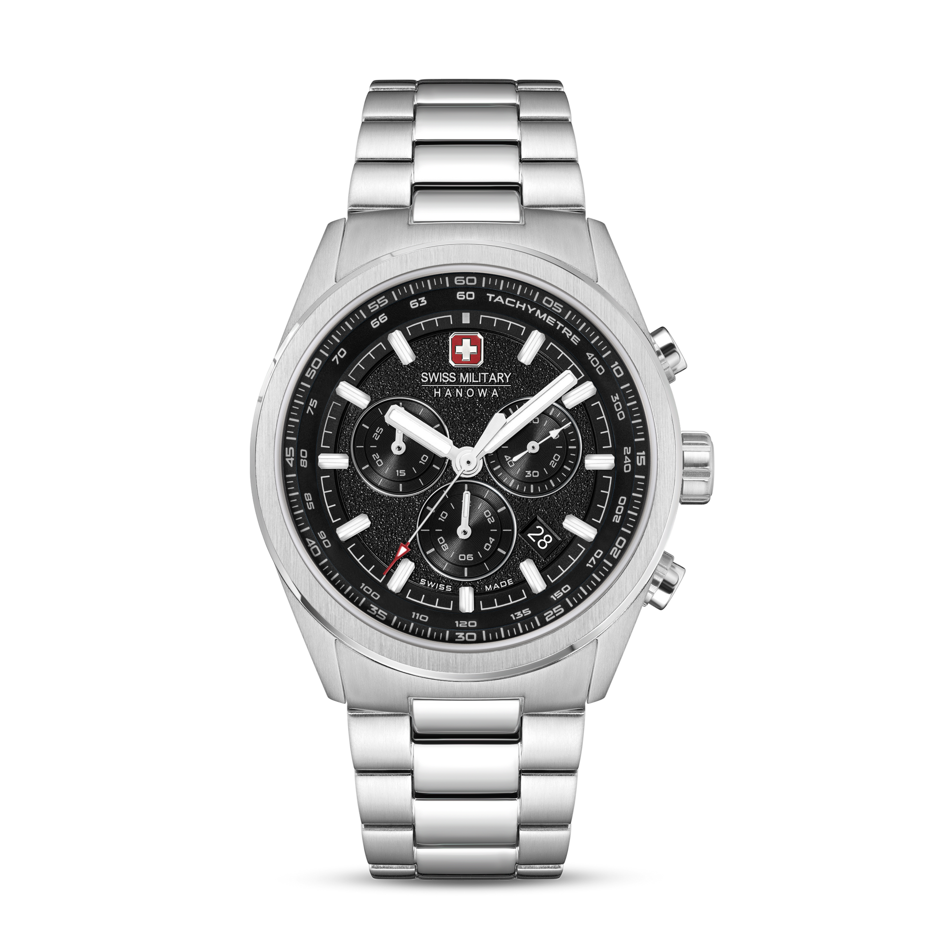 Chronographenarmbanduhr aus Edelstahl mit schwarzem Zifferblatt und Datumsanzeige