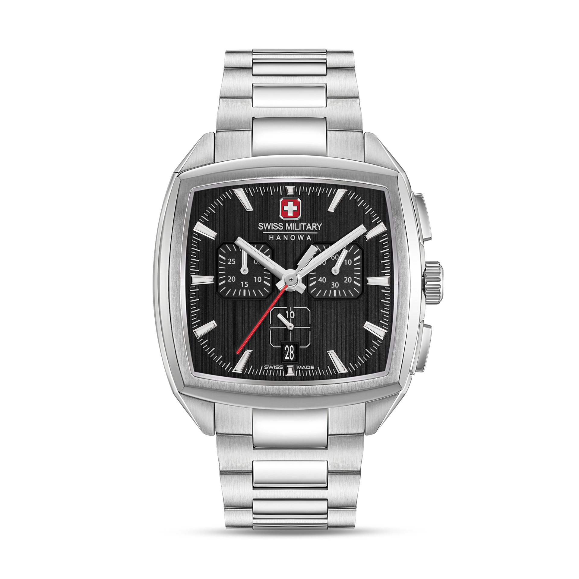 Herren-Chronograph mit Saphirglas, silberfarbenem Gehäuse und schwarzem Zifferblatt