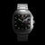Herren-Chronograph mit schwarzem Gehäuse, schwarzem Zifferblatt und grün leuchtenden Akzenten