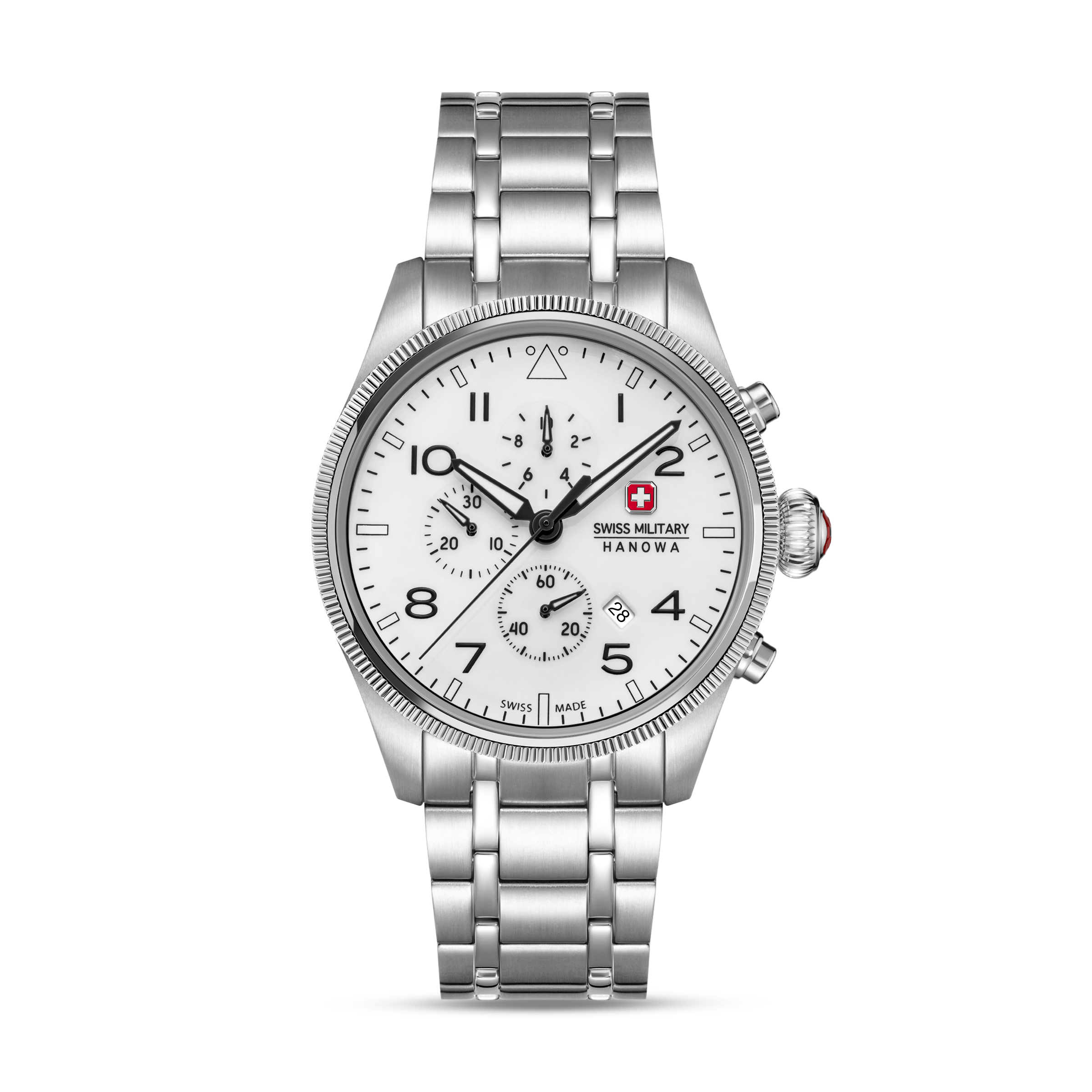 Herrenuhr mit weißem Zifferblatt, Edelstahlarmband und Chronograph-Zählern