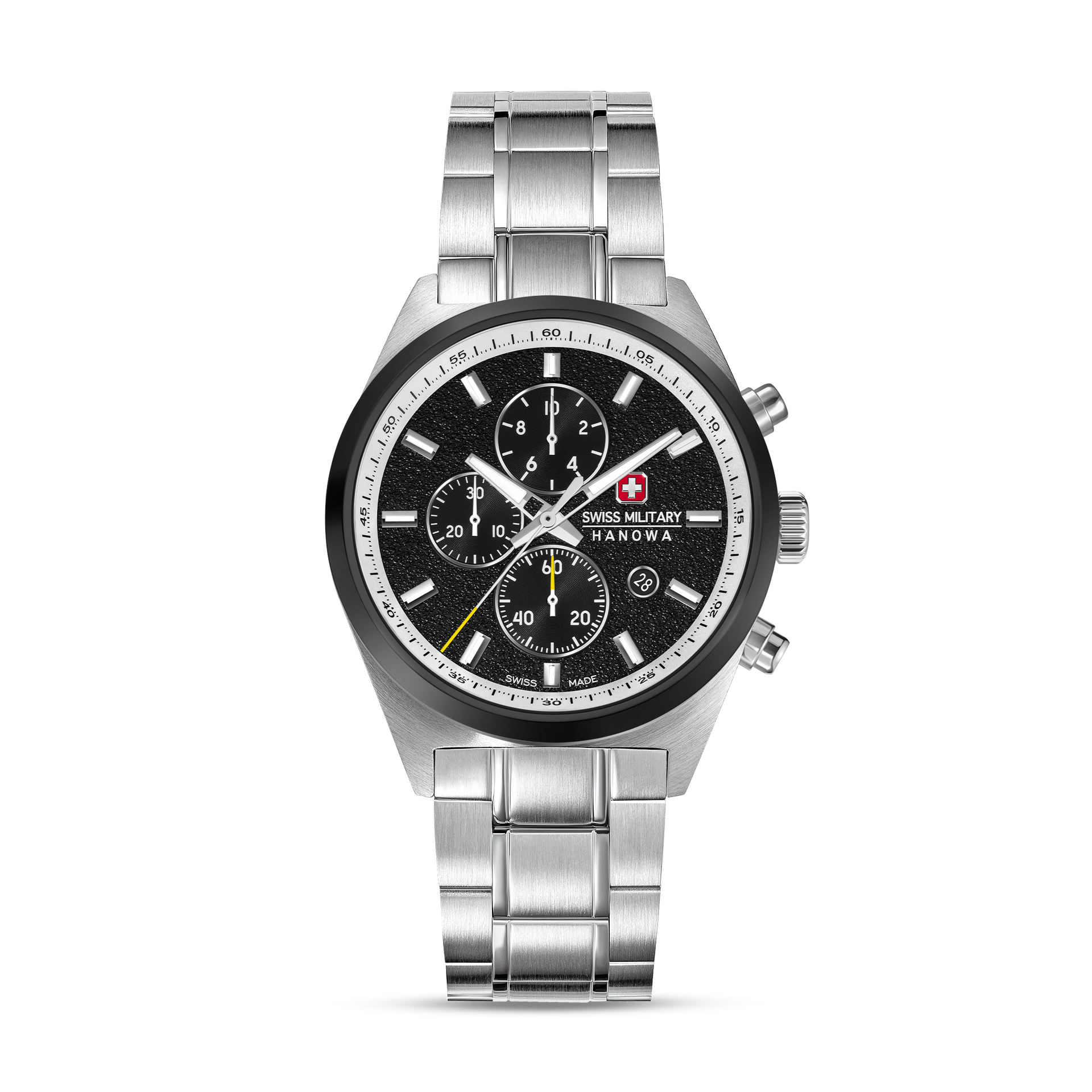 Herren-Chronograph mit silbernem Edelstahlarmband, schwarzem Zifferblatt und Chrono-Subdials
