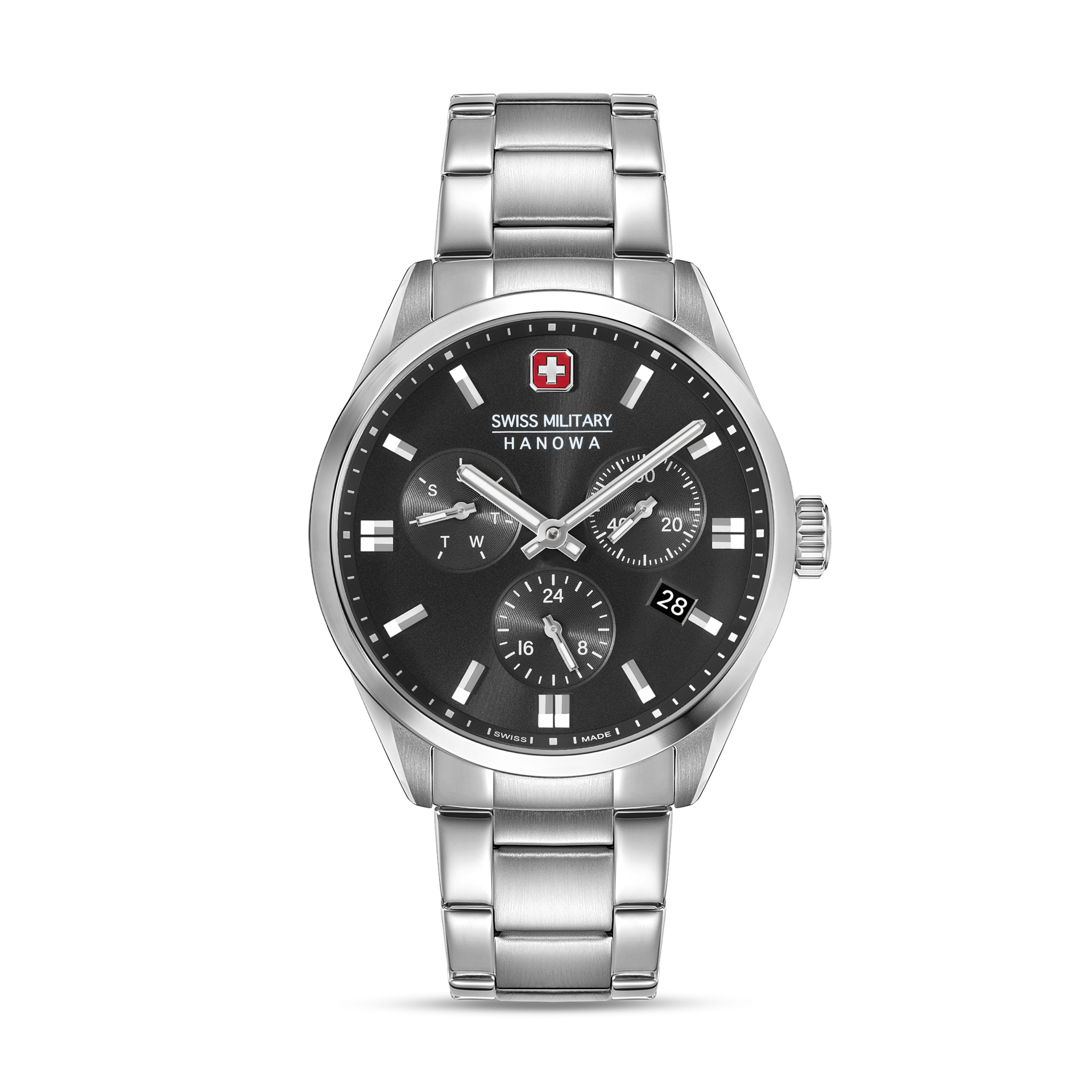 Herrenarmbanduhr Swiss Military Hanowa mit schwarzem Zifferblatt und silbernem Metallarmband