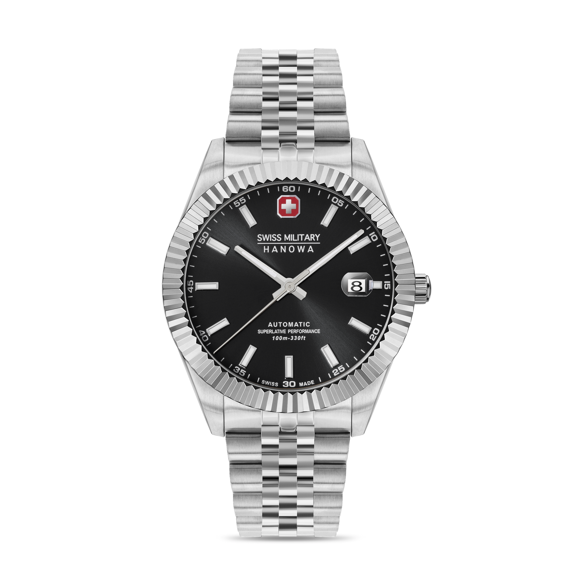 Herrenuhr mit silbernem Edelstahlarmband, schwarzem Zifferblatt und Automatik-Anzeige