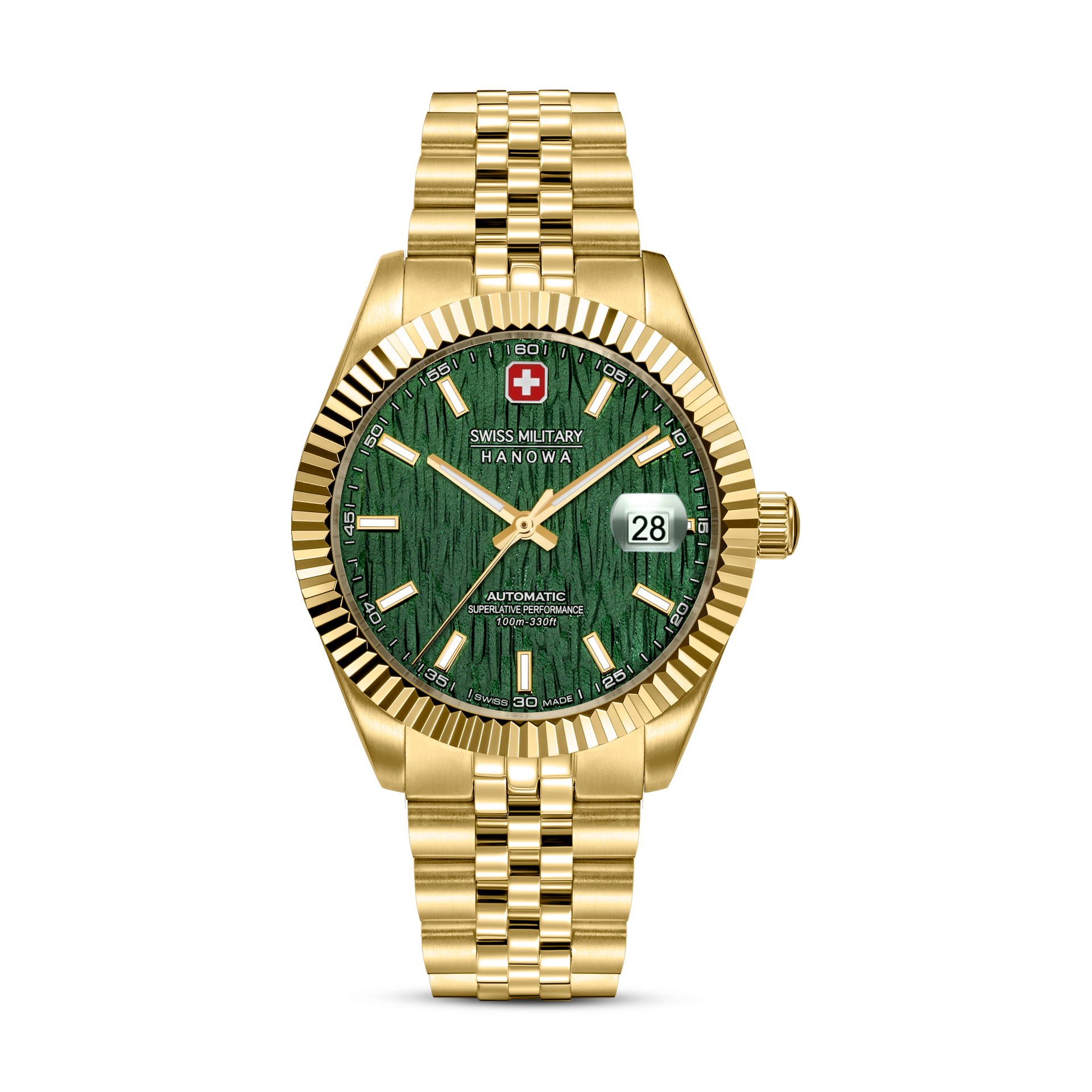 Goldfarbene Herrenarmbanduhr mit grünem Zifferblatt, Datumsanzeige und Metallband