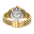 Rückseite einer goldfarbenen Herrenarmbanduhr mit Edelstahlarmband und Schließe