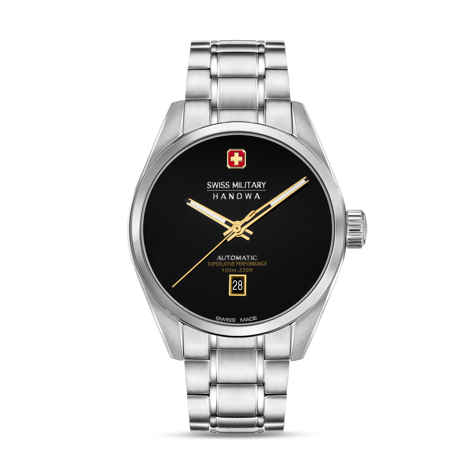Herrenuhr mit schwarzem Zifferblatt und silbernem Edelstahlarmband, Zeiger in Goldton