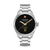 Herrenuhr mit schwarzem Zifferblatt und silbernem Edelstahlarmband, Zeiger in Goldton