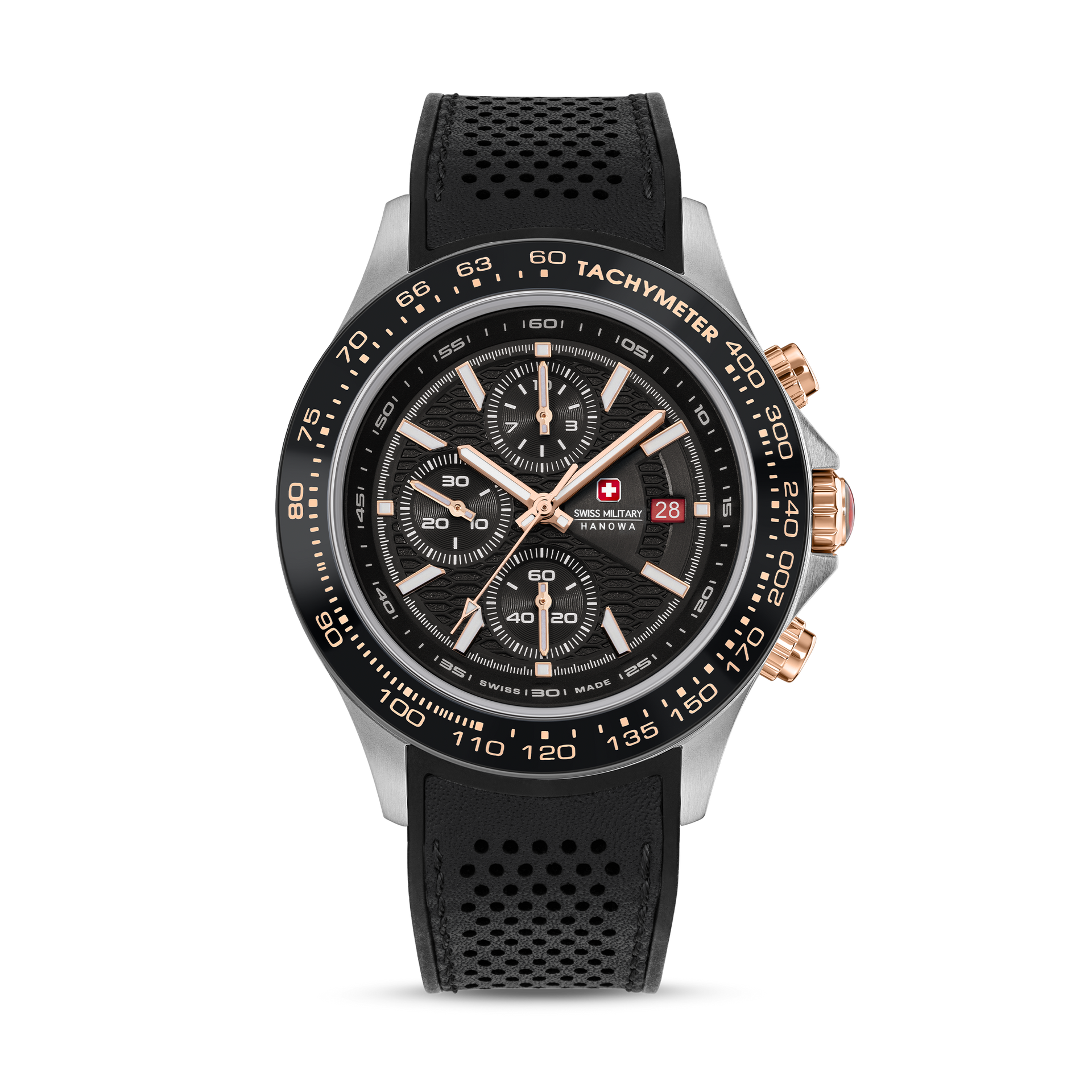 Herrenuhr mit schwarzem Zifferblatt, Chronograph, Tachymeter und perforiertem schwarzem Band