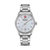 Silberne Damenuhr mit weißem Zifferblatt, Metallarmband und Datumsanzeige „28“.