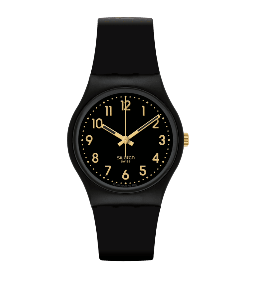 Armbanduhr mit schwarzem Silikonarmband und goldfarbigem Zifferblatt, mit Zeigern