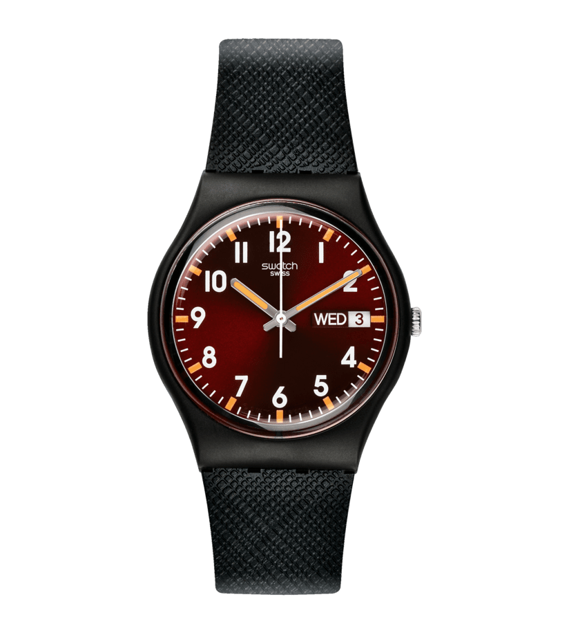 Damenuhr: schwarzes Gehäuse, burgunder Zifferblatt, schwarzes Textilarmband mit Wochentag