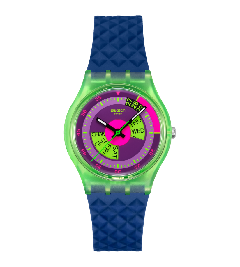 Swatch Armbanduhr mit blauem Riemen, grünem Zifferblatt und pinken Zeigern