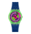 Swatch Armbanduhr mit blauem Riemen, grünem Zifferblatt und pinken Zeigern