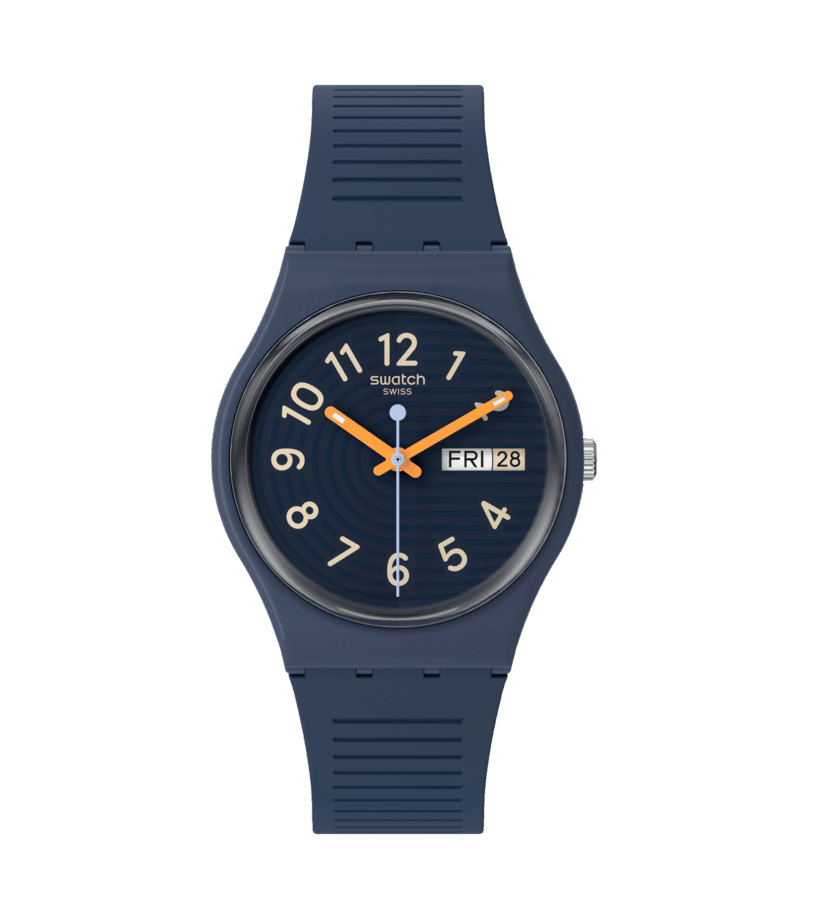 Swatch Armbanduhr mit dunkelblauem Silikonarmband und rundem Dunkelblau-Zifferblatt