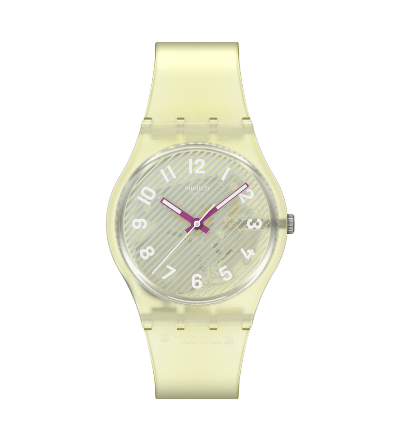 Beige Armbanduhr mit rundem Zifferblatt, lila Zeigern und beigem Kunststoffband