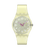 Beige Armbanduhr mit rundem Zifferblatt, lila Zeigern und beigem Kunststoffband