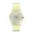 Beige Armbanduhr mit grauem Zifferblatt, lila Zeigern und beigem Kunststoffband