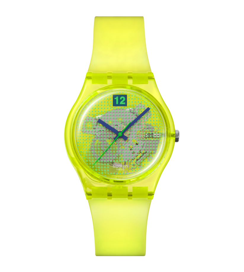 Transparente Damenuhr mit leuchtend gelbem Zifferblatt und Armband, rundes Design
