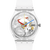 Transparente Armbanduhr im Nahansicht-Design, buntes Zeigerspiel und sichtbare Mechanik