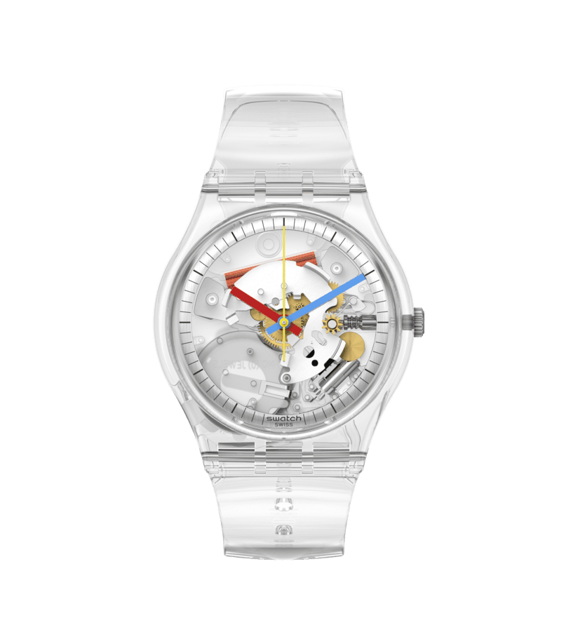 Transparente Armbanduhr mit durchsichtiger Basis, bunten Zeigern und sichtbarem Uhrwerk